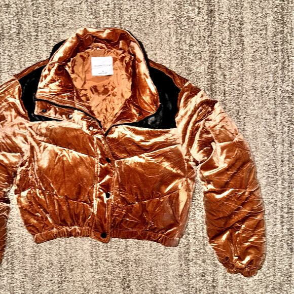 Celebrity Pink Velvet Crop Puffer Jacket Women's Outerwear Coat in Cognac - Picture 7 of 12